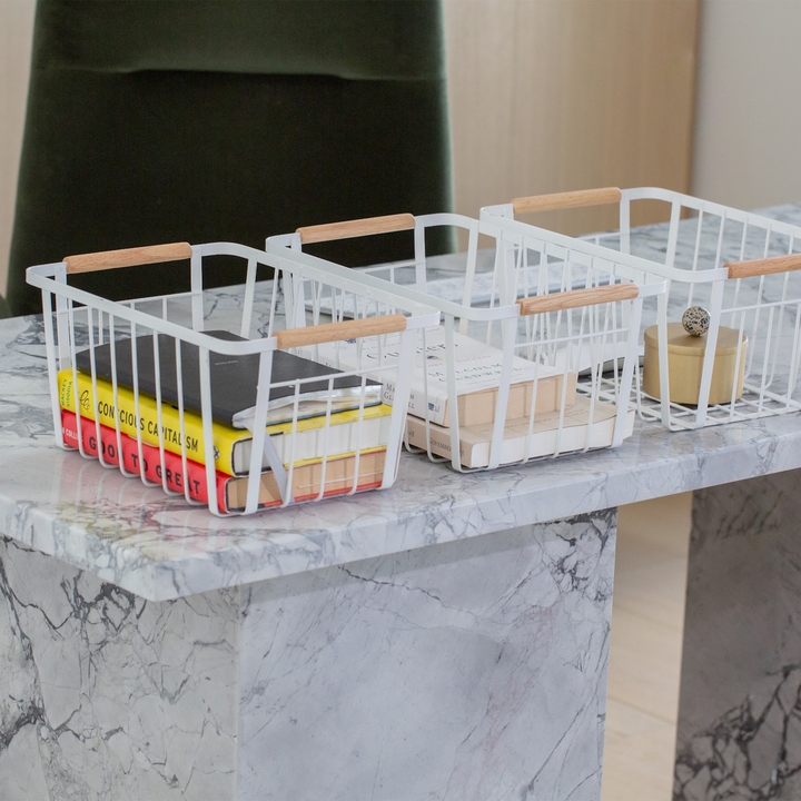 White Wire Basket (Wood Handles)