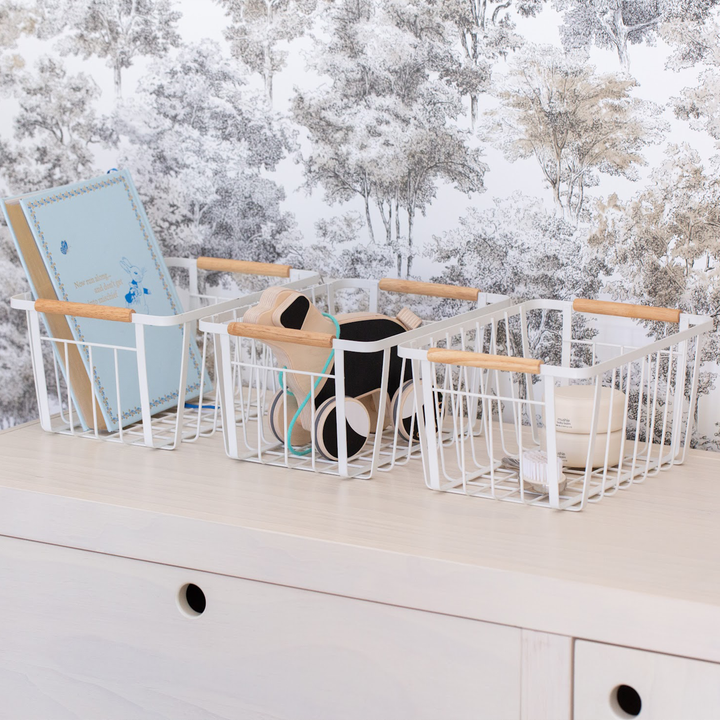 White Wire Basket (Wood Handles)